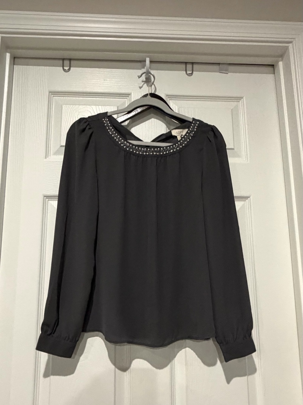LOFT Black Embellished Neck Long-Sleeve Blouse